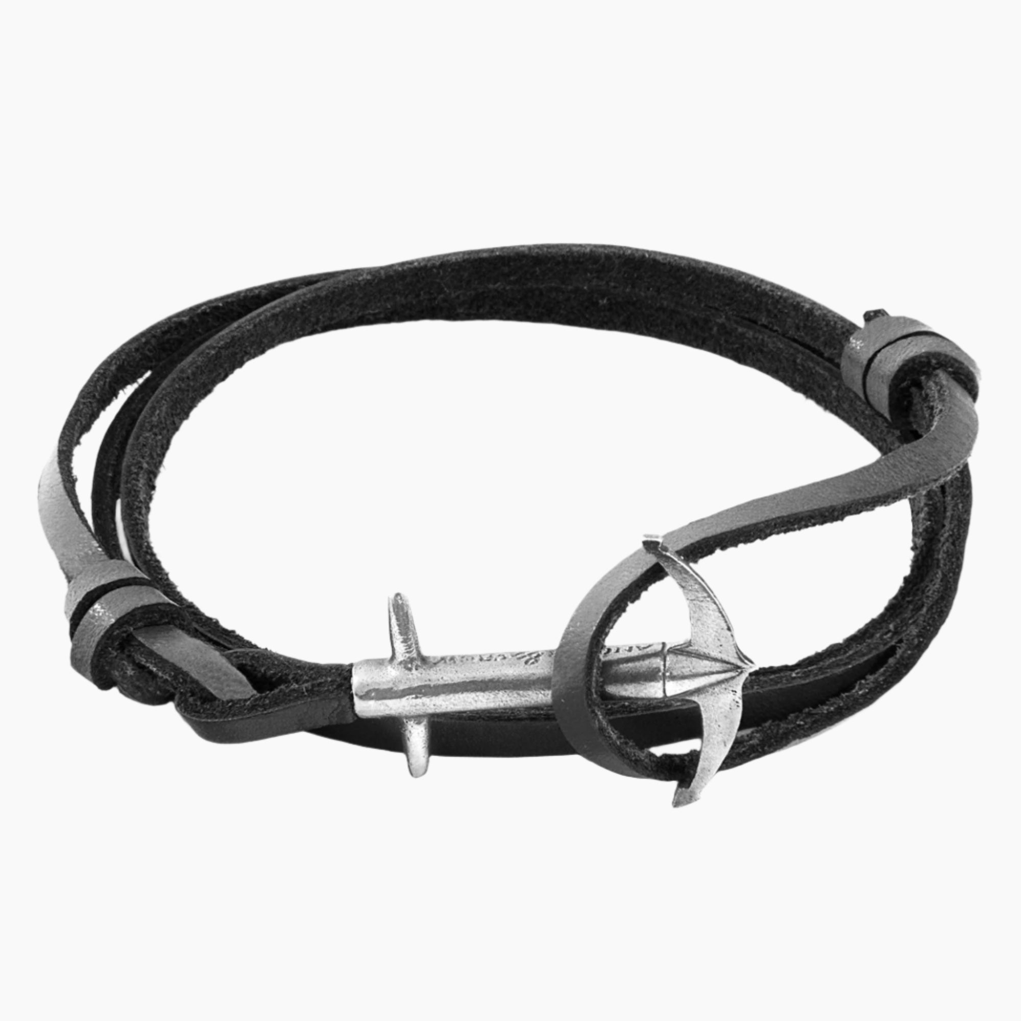 Admiral Anchor Silver and Flat Leather Bracelet - Coal Black