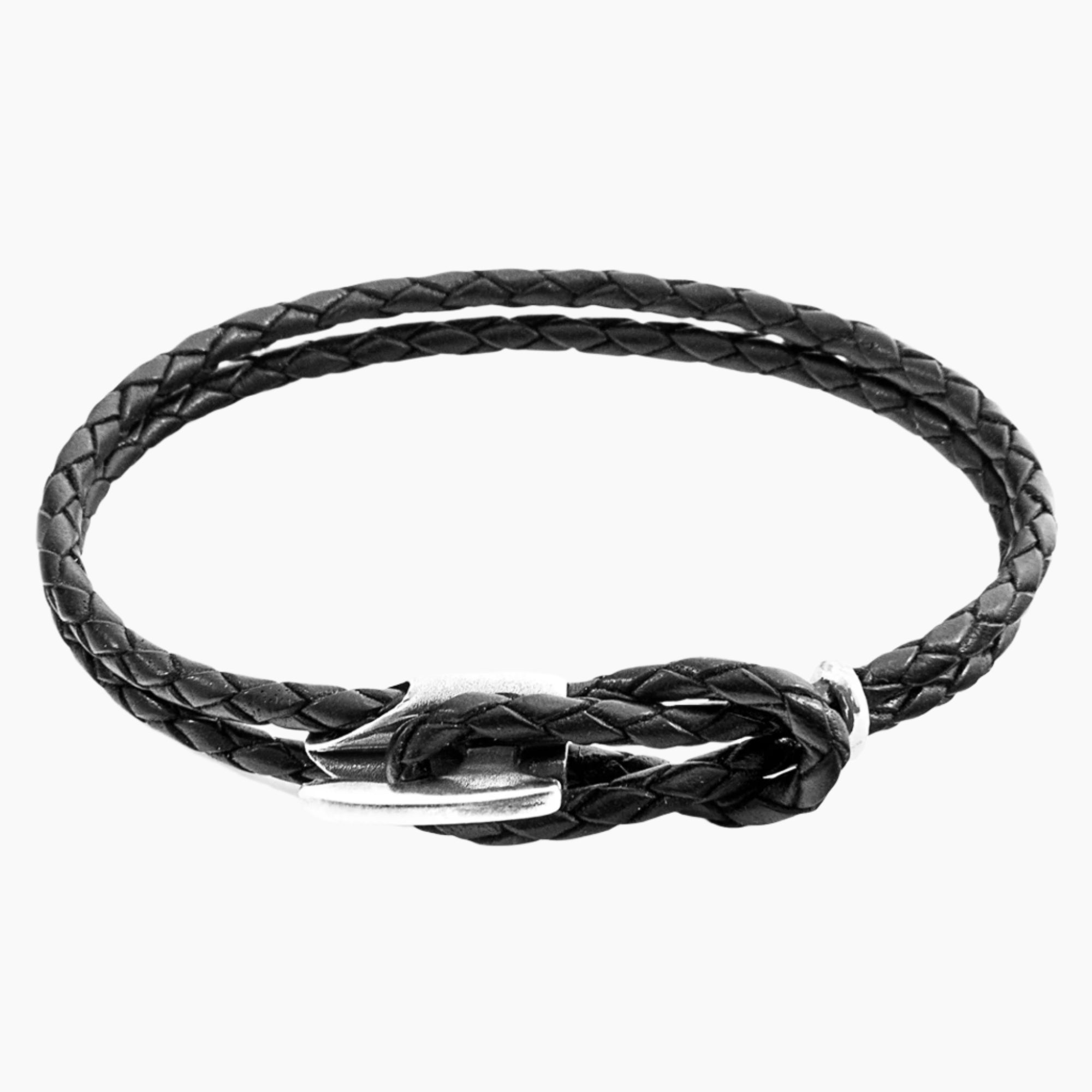 Padstow Silver and Braided Leather Bracelet - Coal Black