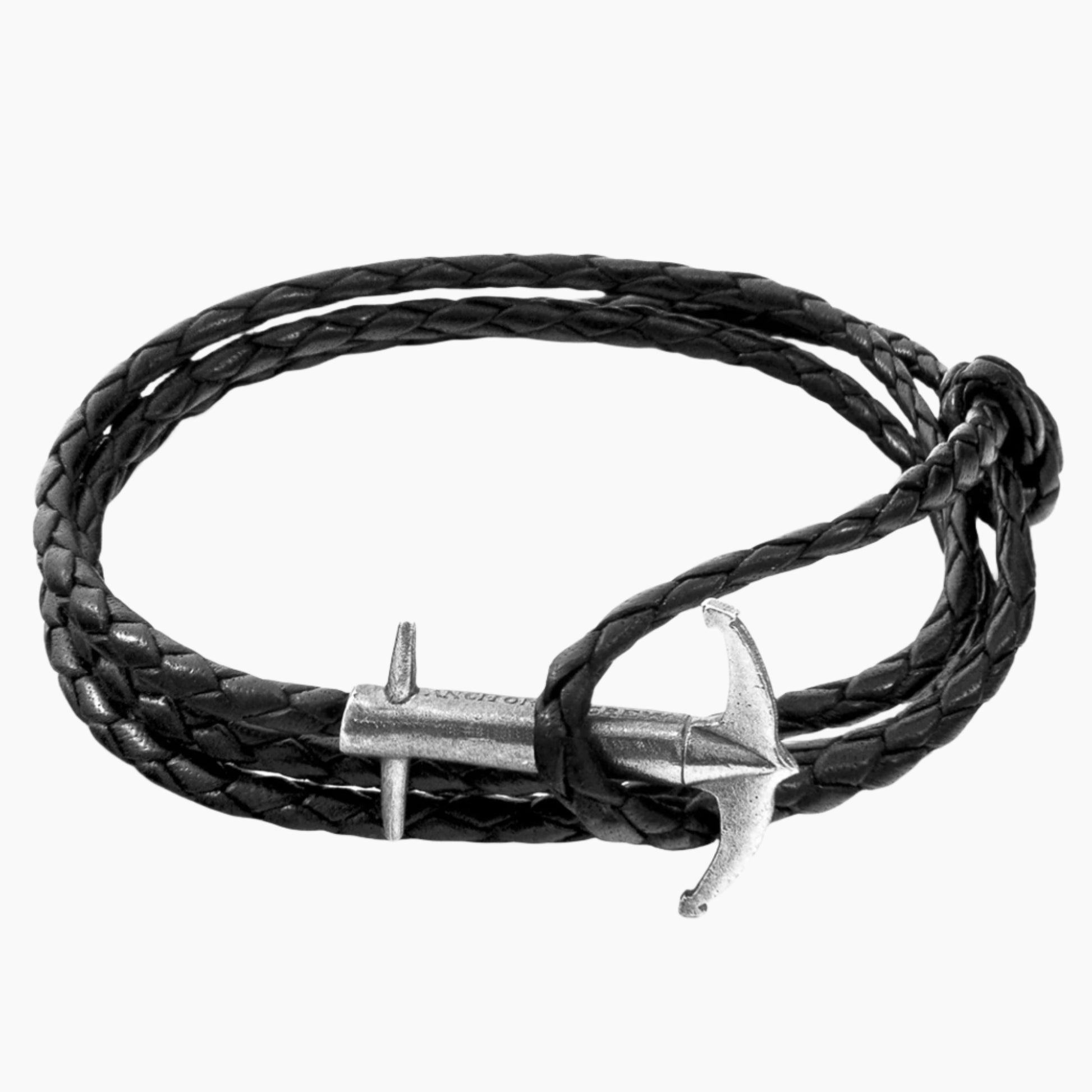 Admiral Anchor Silver and Braided Leather Bracelet - Coal Black