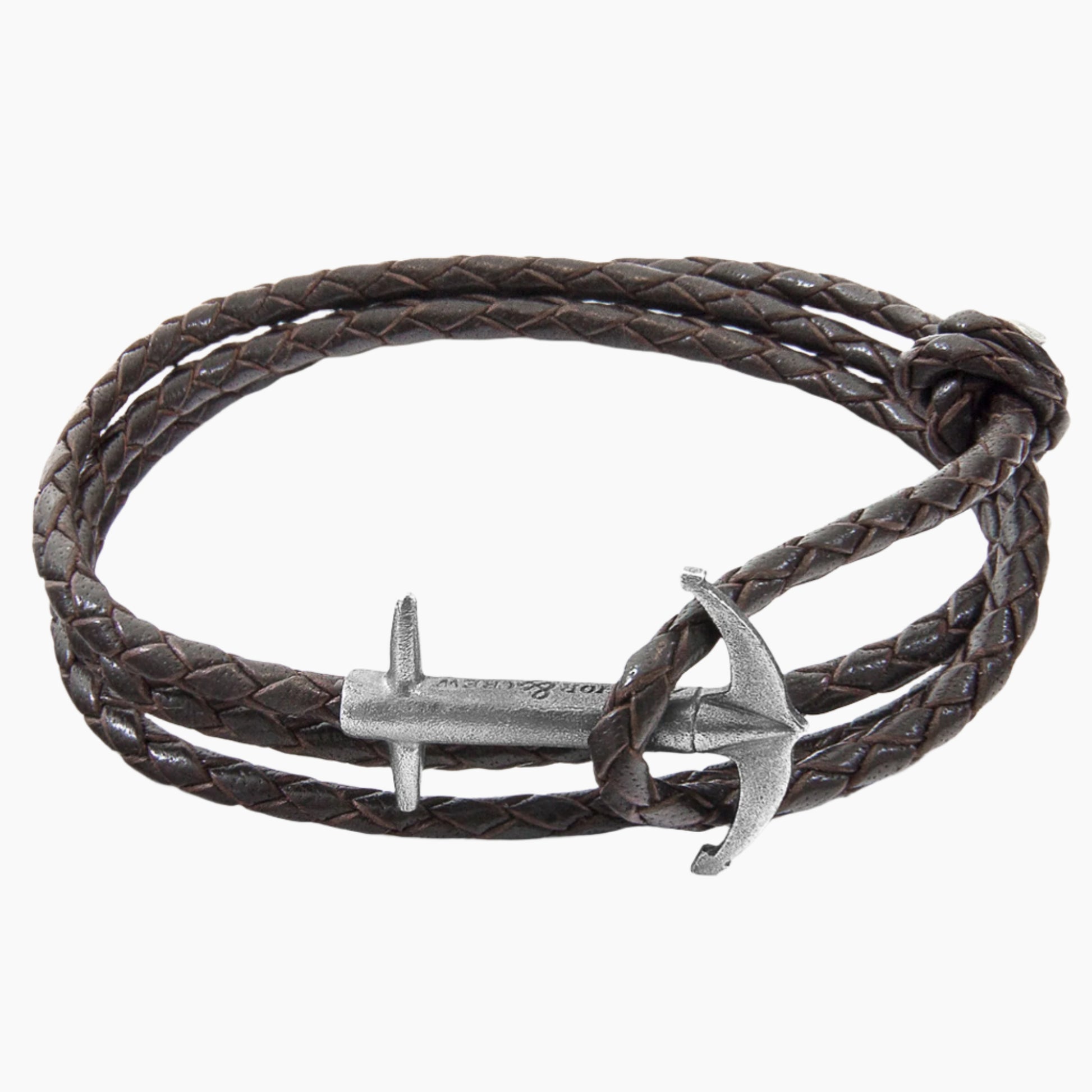 Admiral Anchor Silver and Braided Leather Bracelet - Dark Brown