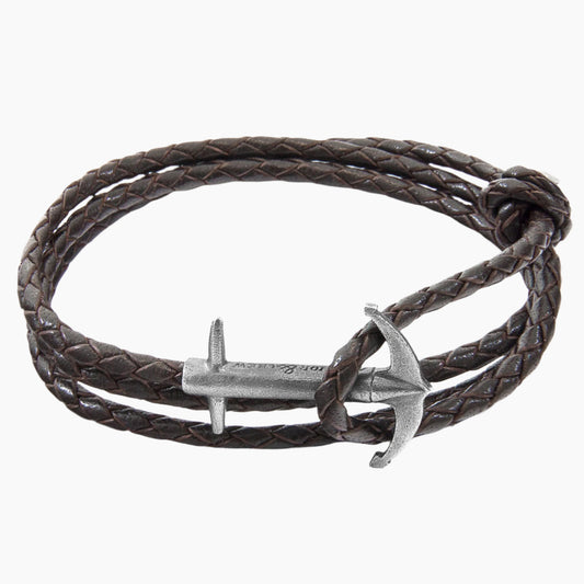 Admiral Anchor Silver and Braided Leather Bracelet - Dark Brown