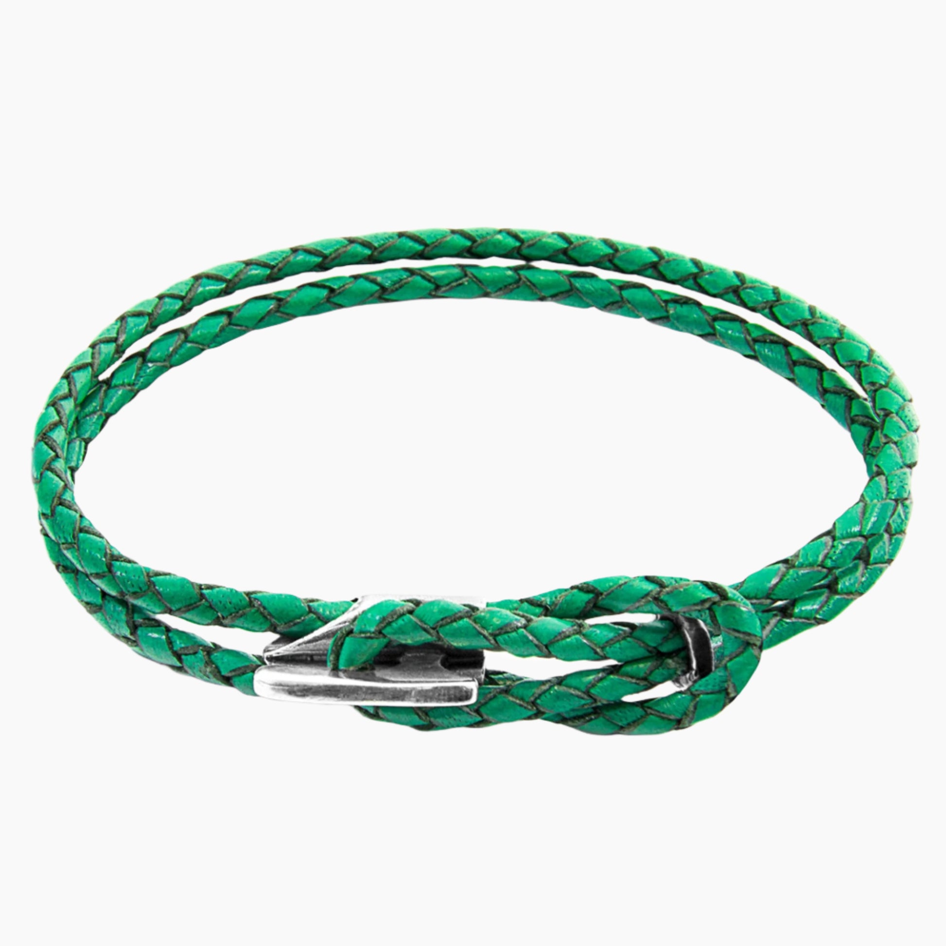 Padstow Silver and Braided Leather Bracelet - Fern Green