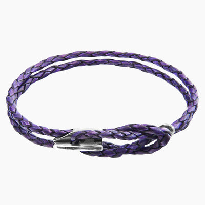 Padstow Silver and Braided Leather Bracelet - Grape Purple